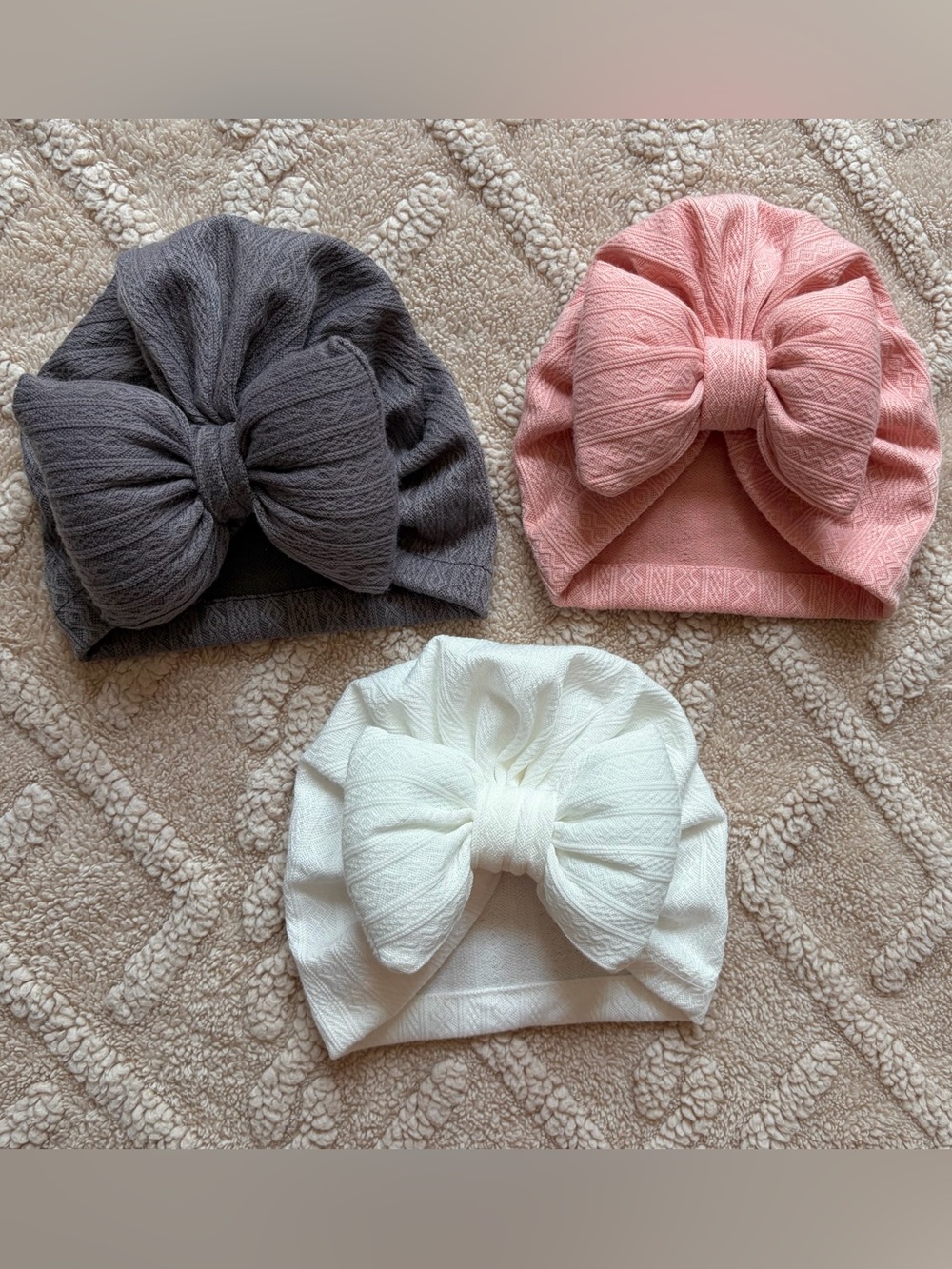 Baby Girl 0-24M Big Bow Beanies - Turban Hats With Bow Solid Color 3 Pack